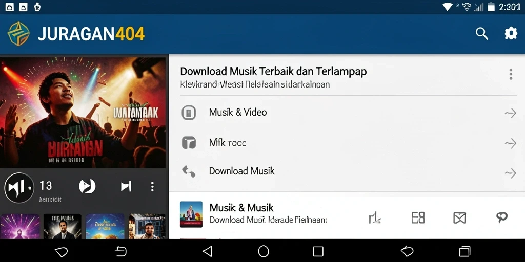 Tampilan antarmuka aplikasi JURAGAN404 untuk Download Musik.